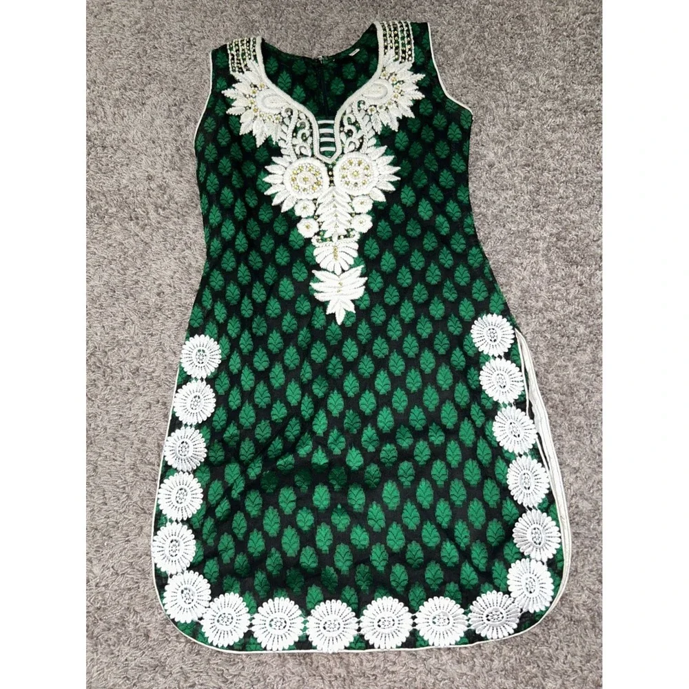Embroidered Tunic Dress‎ Sleeveless Green Black Floral Party Size 34